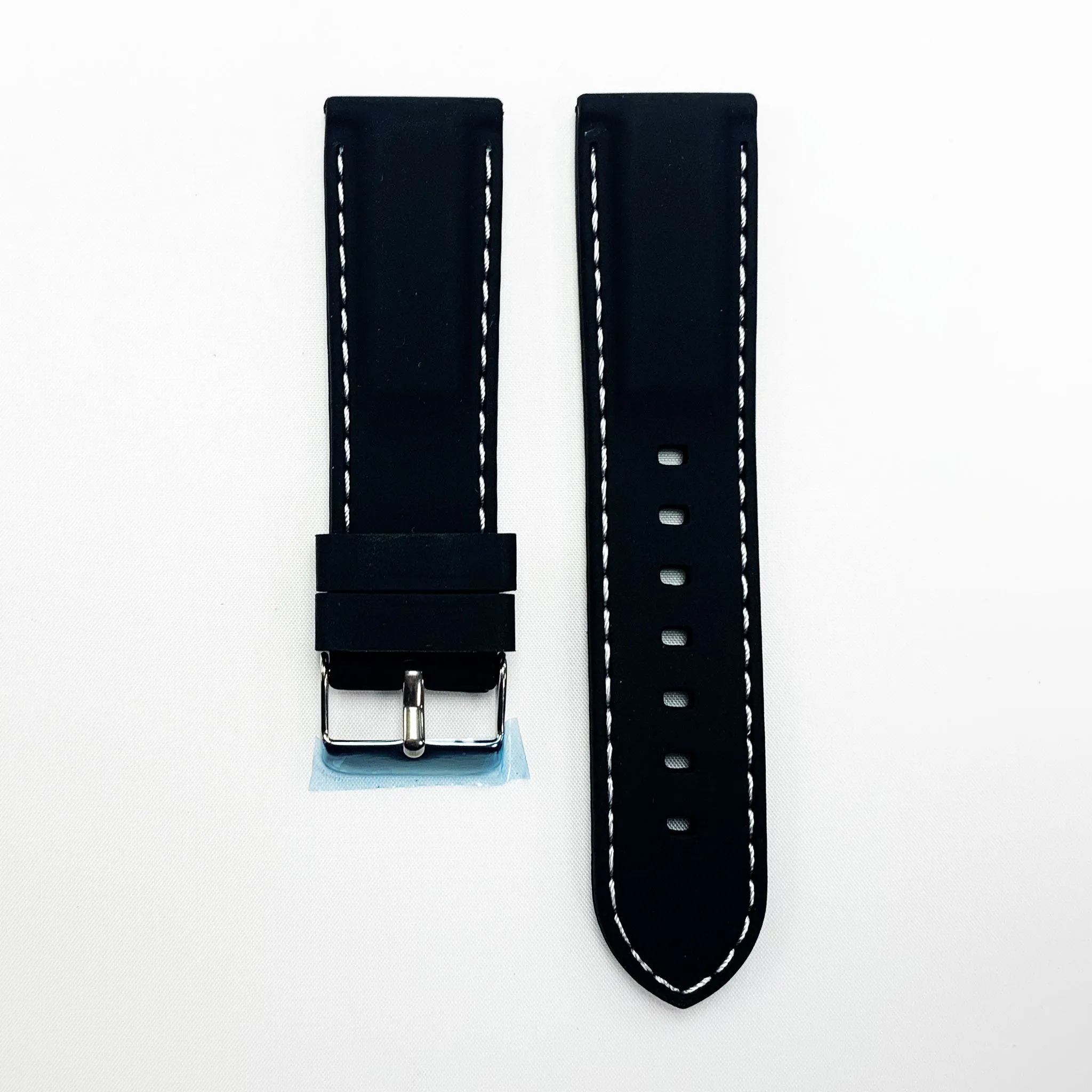 22 MM Silicone Padded White Stitched Watch Band Black Color Quick Release Regular Size Watch Strap