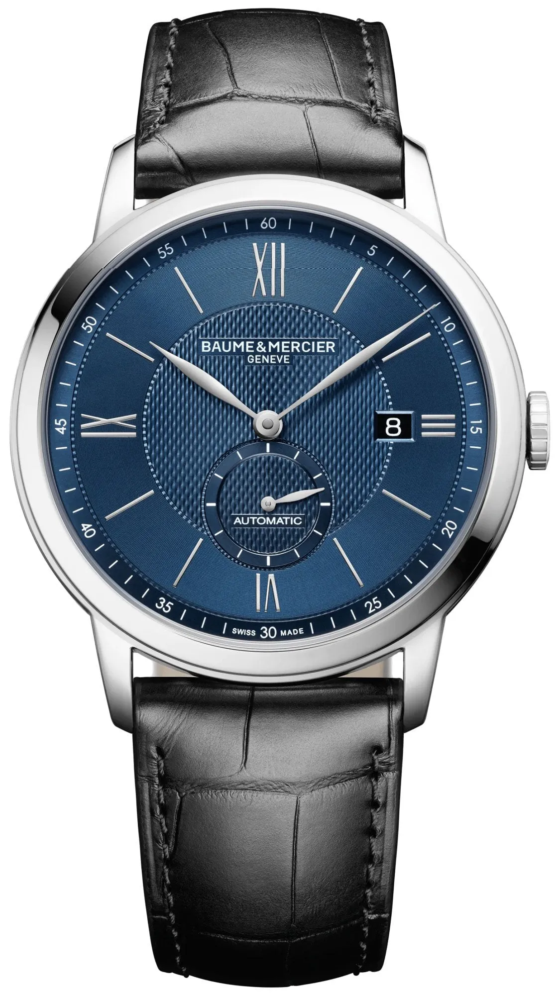 Baume & Mercier Classima Automatic Blue Dial Black Leather Strap Date Mens Watch MOA10480