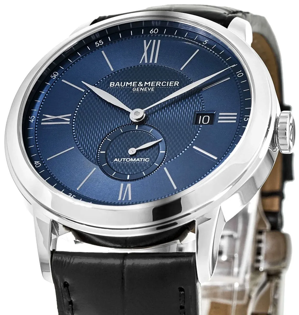 Baume & Mercier Classima Automatic Blue Dial Black Leather Strap Date Mens Watch MOA10480