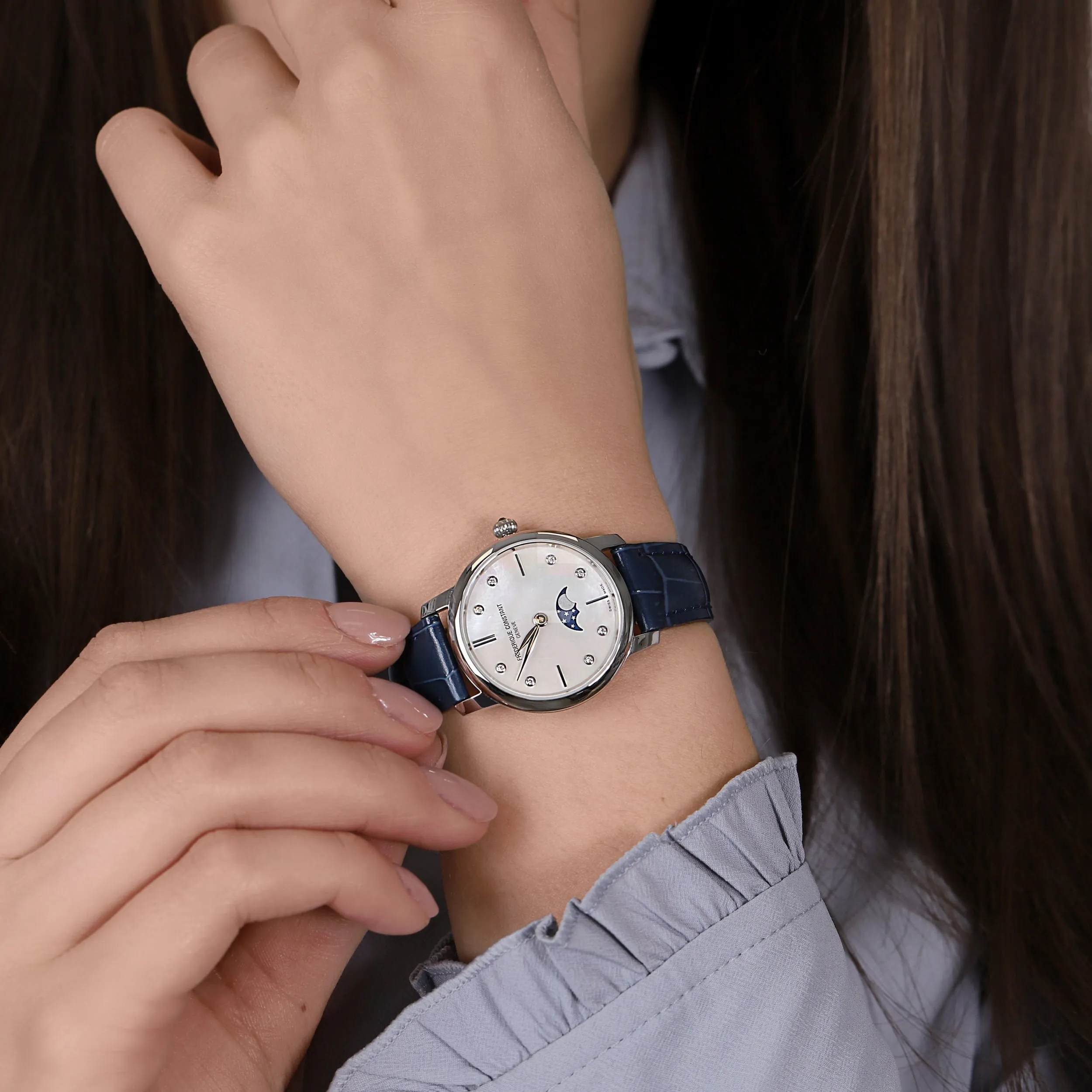 Frederique Constant Ladies Fc Slimline Moonphase DC Blue Watch FC-206MPWD1S6