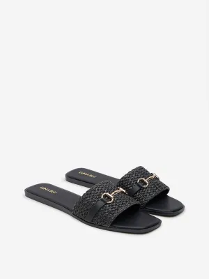 LUNA BLU Black Raffia-Detailed Slides