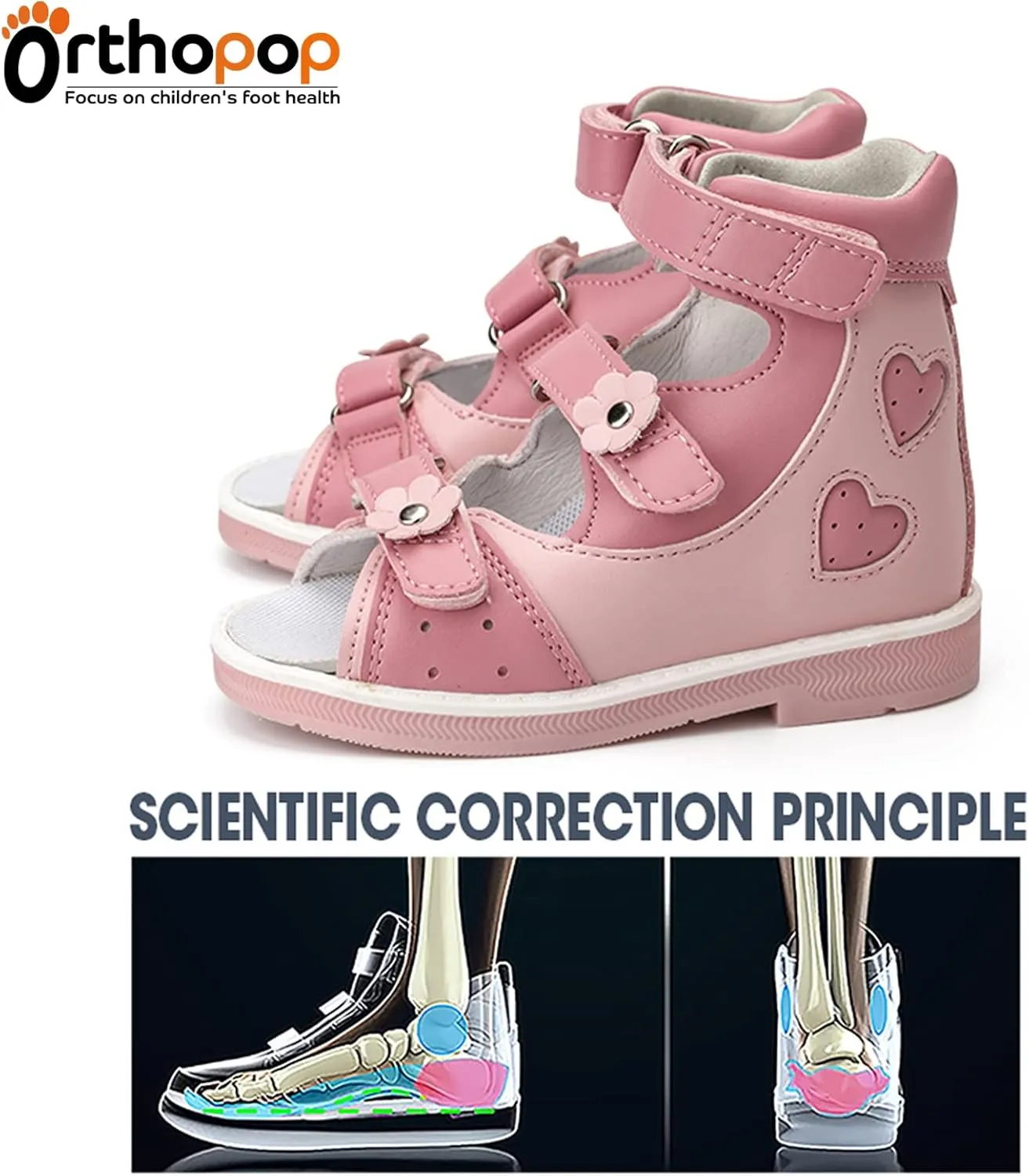 Orthopedic Sandals for Girls with Love Heart Pattern,Corrective High-Top AFO Shoes with Arch and Ankle Support