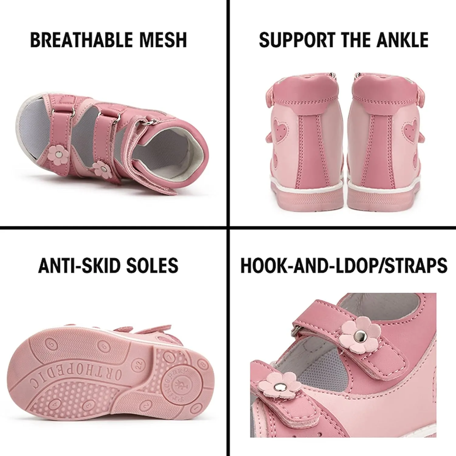 Orthopedic Sandals for Girls with Love Heart Pattern,Corrective High-Top AFO Shoes with Arch and Ankle Support