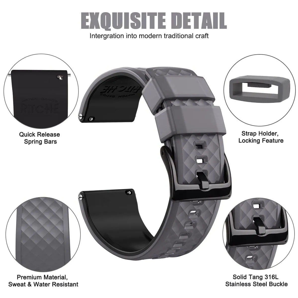 Ritche Smokey/Grey Classic Silicone Quick Release Watch Bands