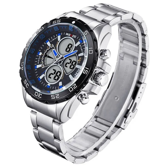 WEIDE Men Sports Watch Digital Quartz Full Steel Military Watches 30m Water Resistant Dive Multifunction LCD Display Wrist watch