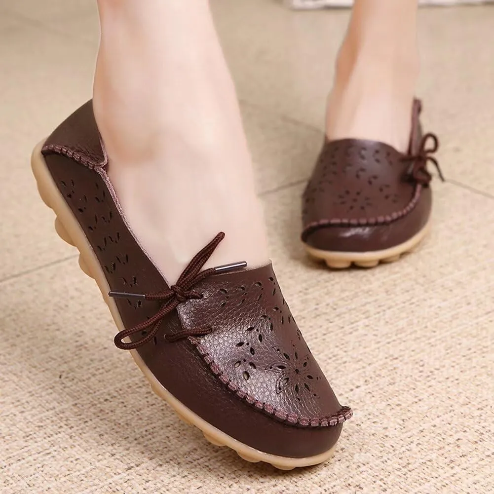 Women's Floral Leather Slip-On Shoes Flat Slipper Walking Loafers