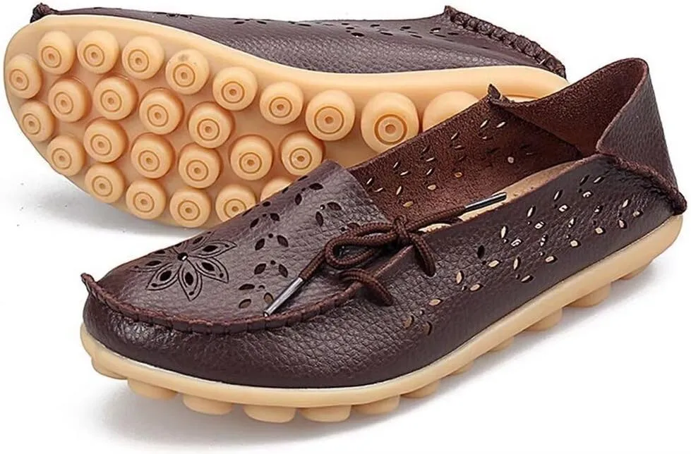 Women's Floral Leather Slip-On Shoes Flat Slipper Walking Loafers