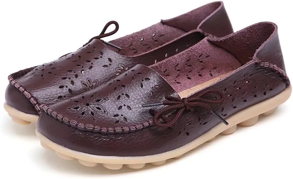 Women's Floral Leather Slip-On Shoes Flat Slipper Walking Loafers