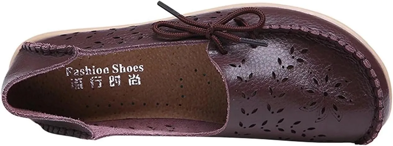 Women's Floral Leather Slip-On Shoes Flat Slipper Walking Loafers
