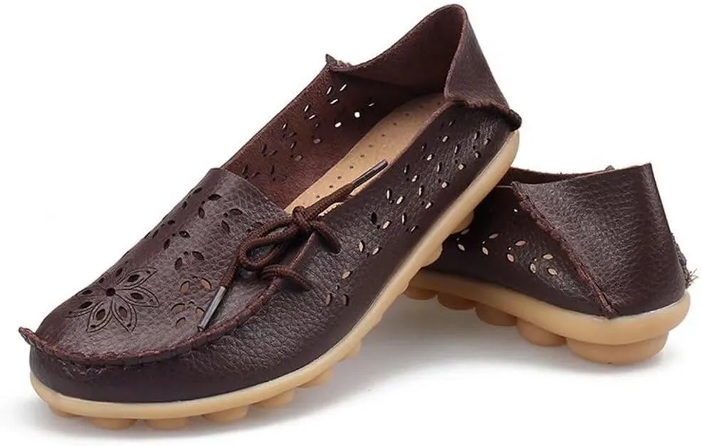 Women's Floral Leather Slip-On Shoes Flat Slipper Walking Loafers